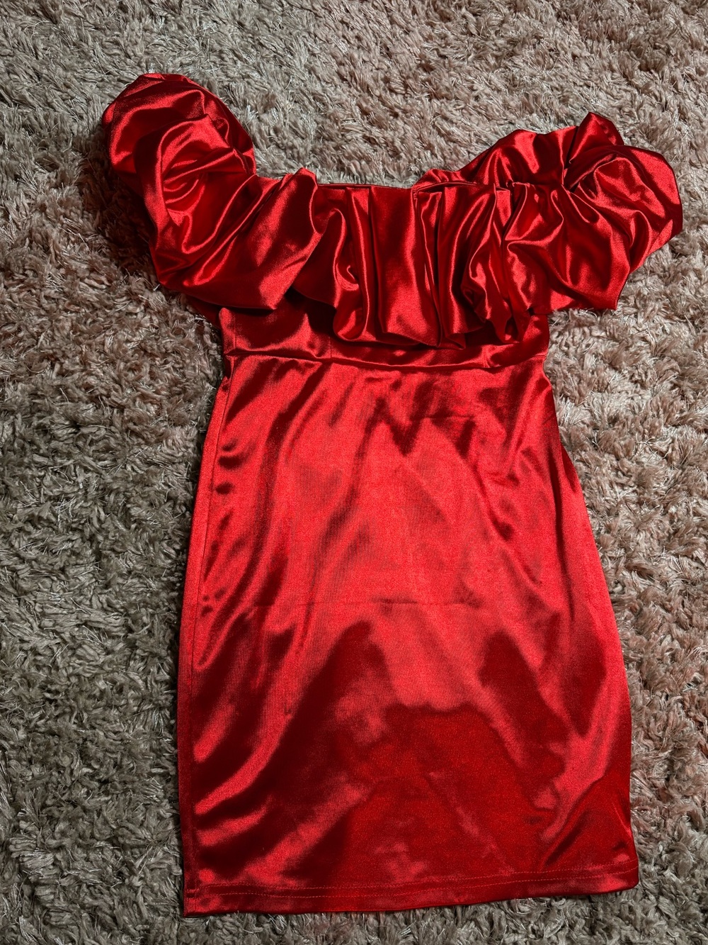 SHEIN Red Off-Shoulder Ruffle Satin Mini Dress
